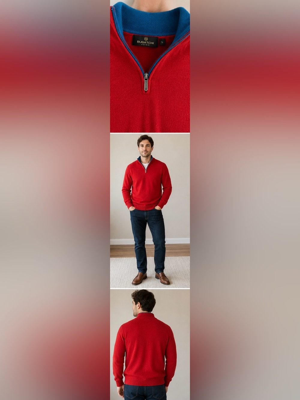 Bugatchi Uomo Red Merino Wool Quarter Zip Sweater Men’s Large - Picture 2 of 5